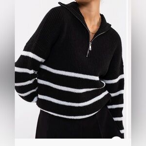 Black and White Striped Q Zip Women's Sweater